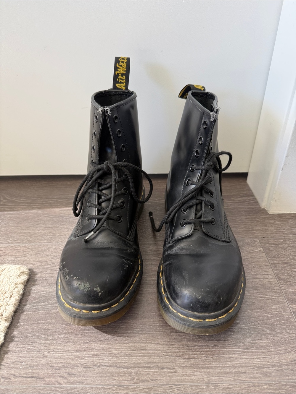 Dr. Martens Black Leather Lace-Up Boots with Yellow Stitching